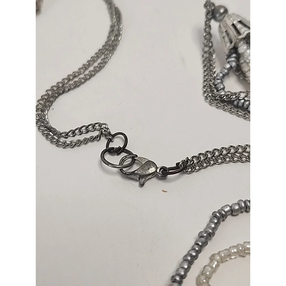 Mutli-Strand Layered Bib Necklace Silver Tones‎ W/ Glass Seed Beads 30